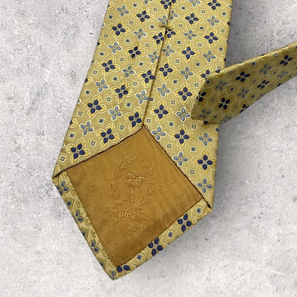 DION Gold/Blue Geometric Floral Silk LUXURY Tie HANDMADE CANADA - Picture 4 of 5